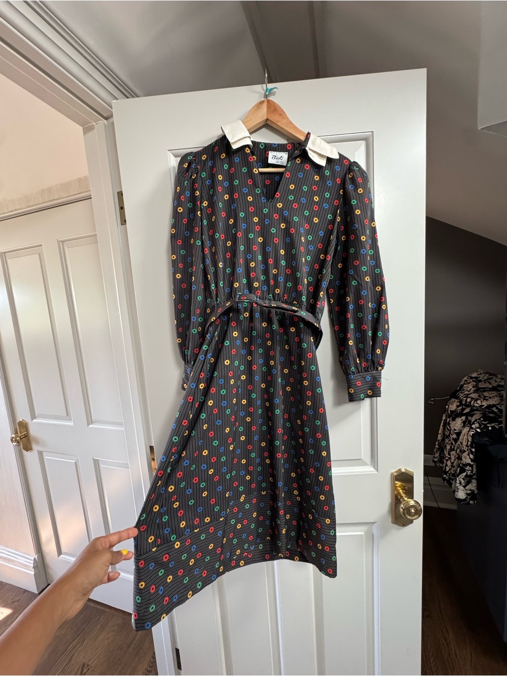 Vintage Black Polka Dot Shirt Dress with White Collar